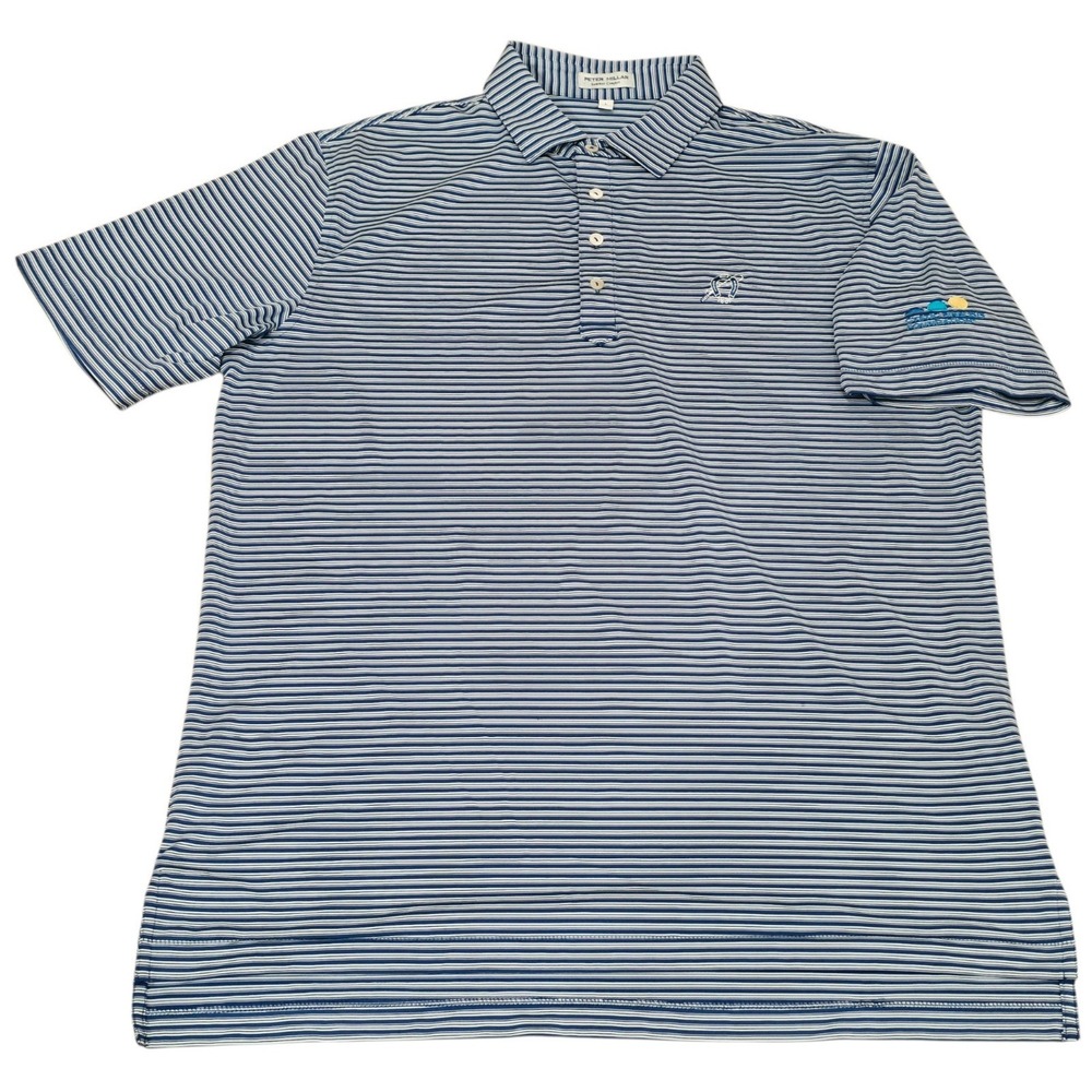 Peter Millar Summer Comfort Golf Polo Mens L Blue Stripe Embroidered Logos